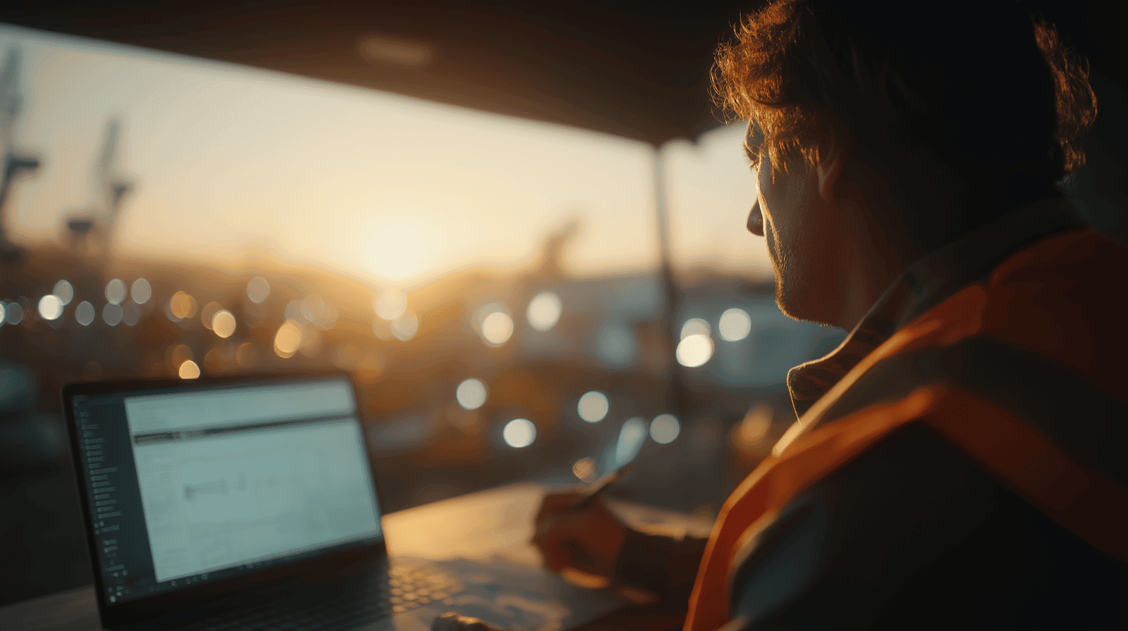 A construction executive pausing over a contract with a pen, a project dashboard on a laptop beside them, warm window light