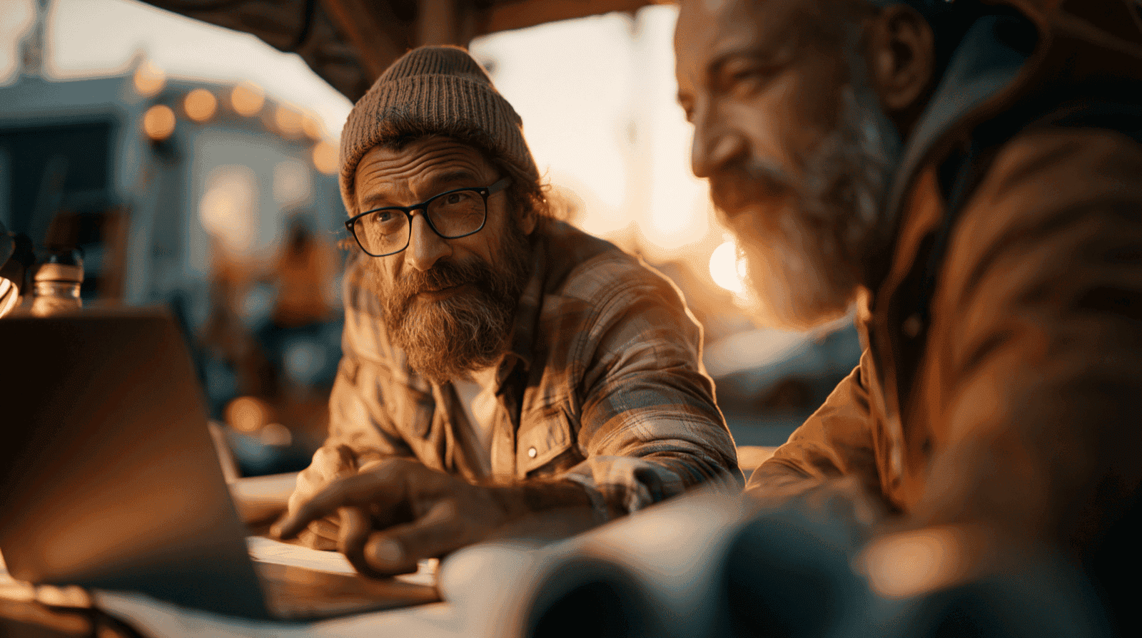 Two mid-size general contractor leaders reviewing an estimate together at a job trailer desk in warm late-afternoon light