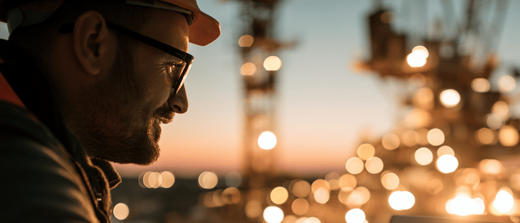A construction executive in a hard hat looking out over an active jobsite at dusk, tower cranes and site lights blurred behind him
