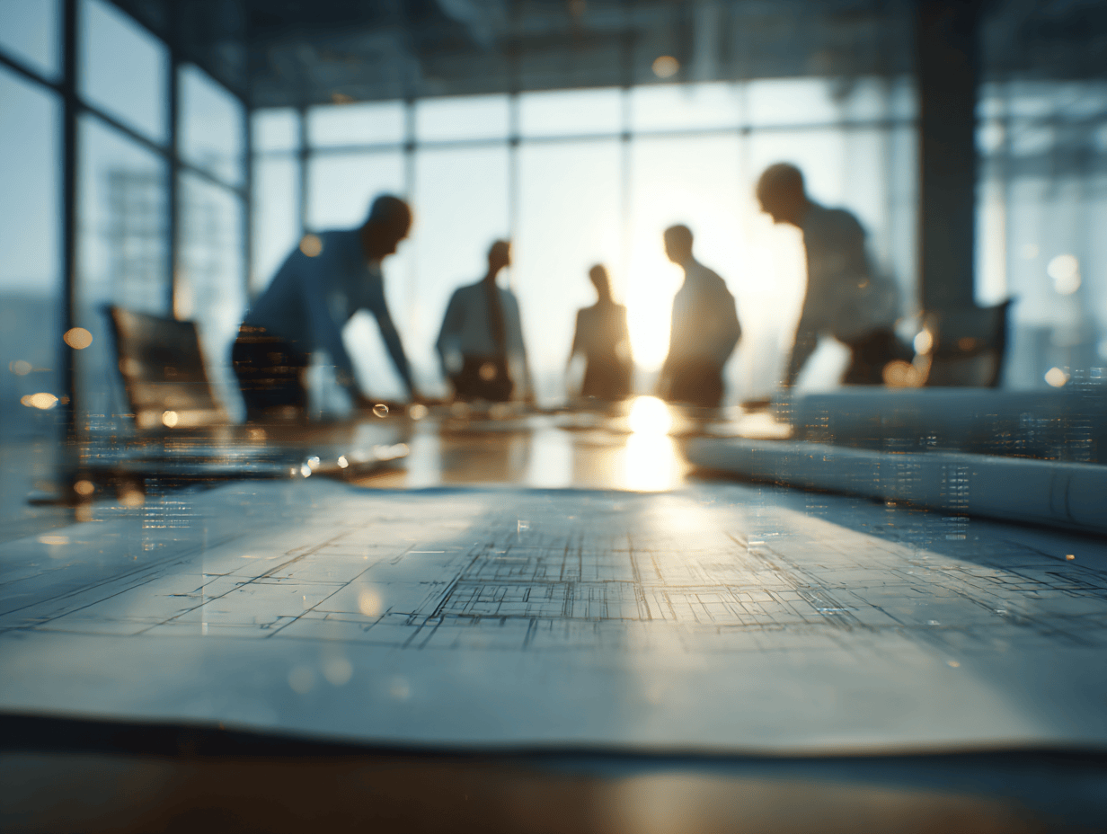 Construction professionals reviewing blueprints at a meeting table, warm cinematic lighting