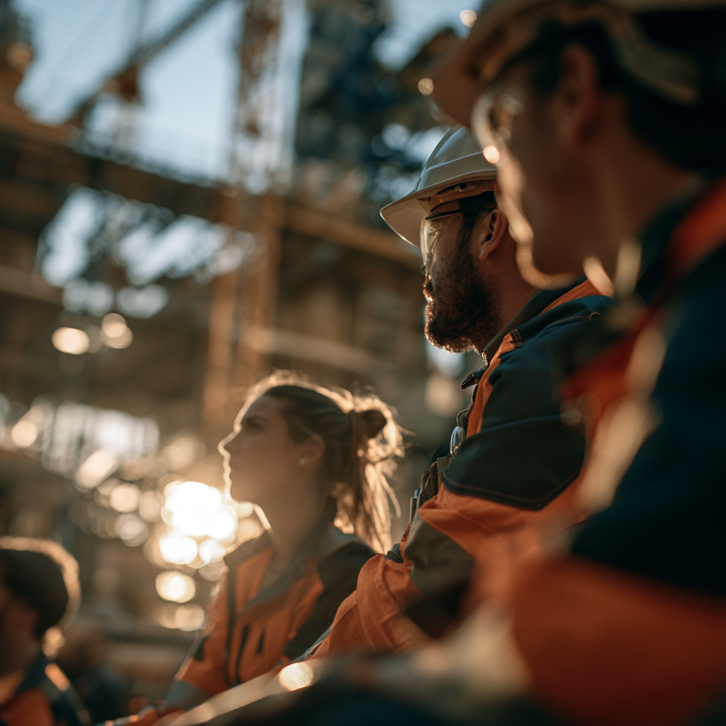A construction crew on site at golden hour, a foreman in the foreground looking out over the work