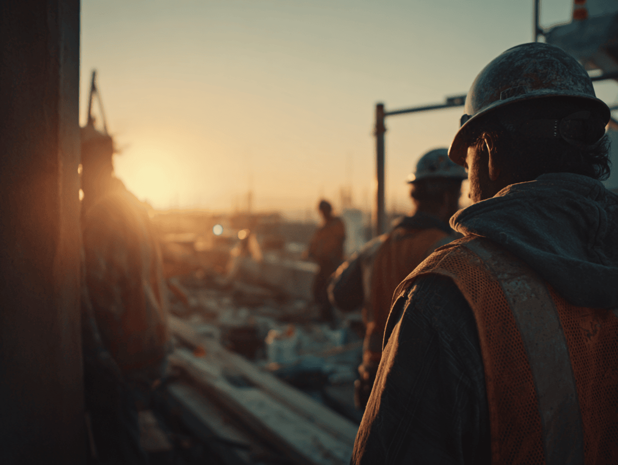 Construction workers on a jobsite at golden hour, silhouetted against a warm sunset sky