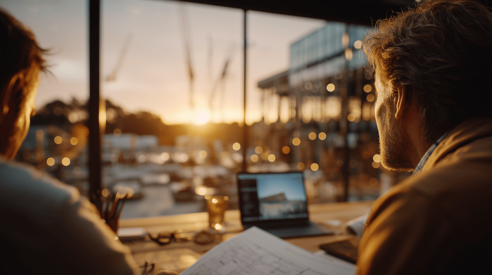 Two construction executives seen from behind, reviewing a laptop at a table while looking out a window onto a jobsite at golden hour
